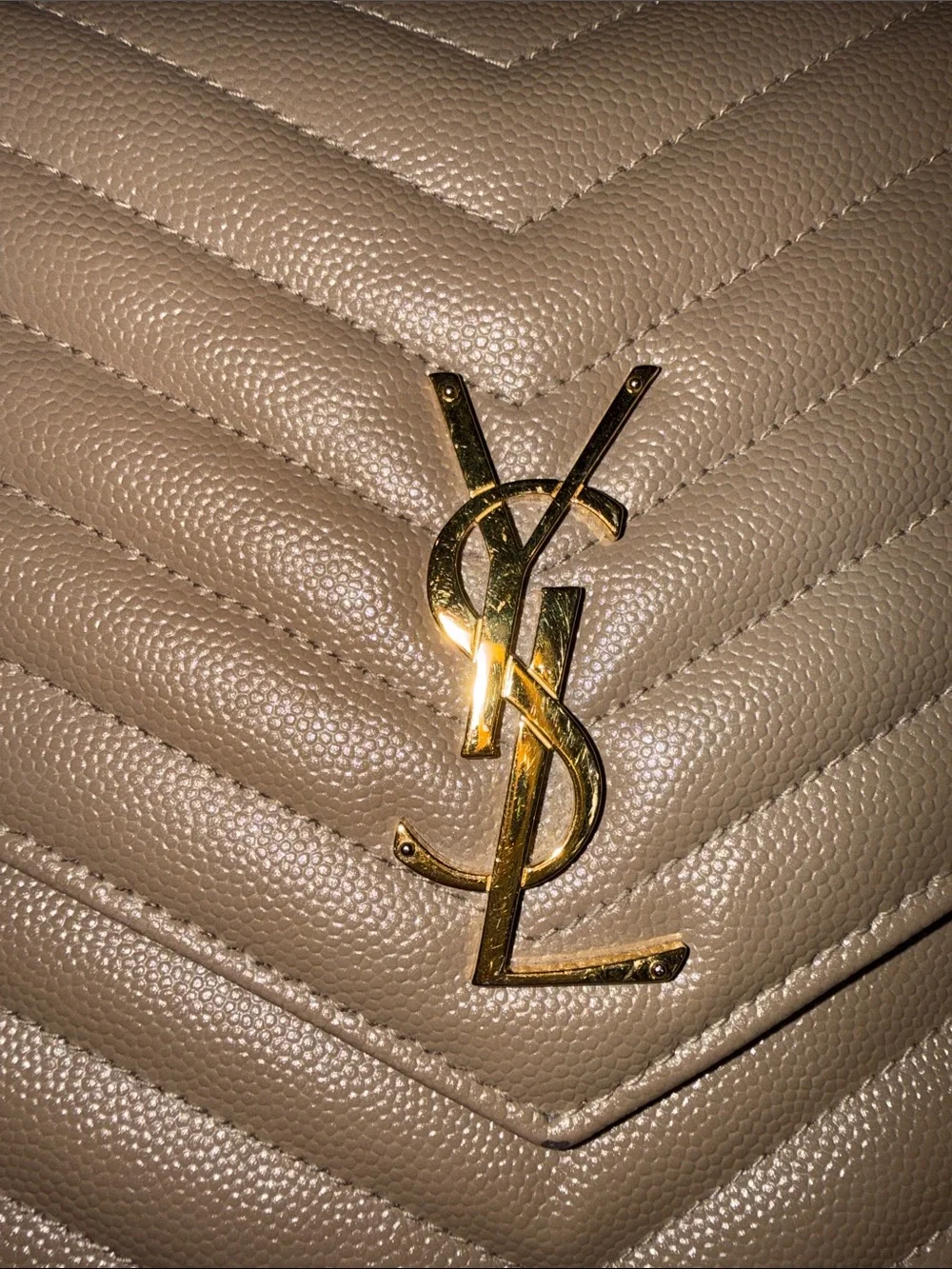 Saint Laurent Taupe Quilted Chevron Leather Wristlet with Gold YSL Hardware